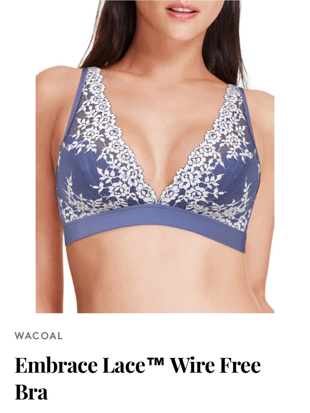 Wacoal Blue Bralette with White Floral Lace Trim Size 40